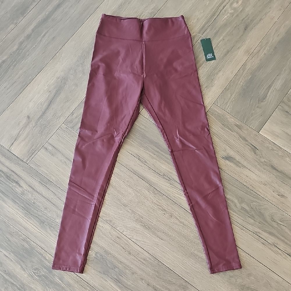 NWT Faux Leather Wine Colored High-Waisted Leggings, Size Small
